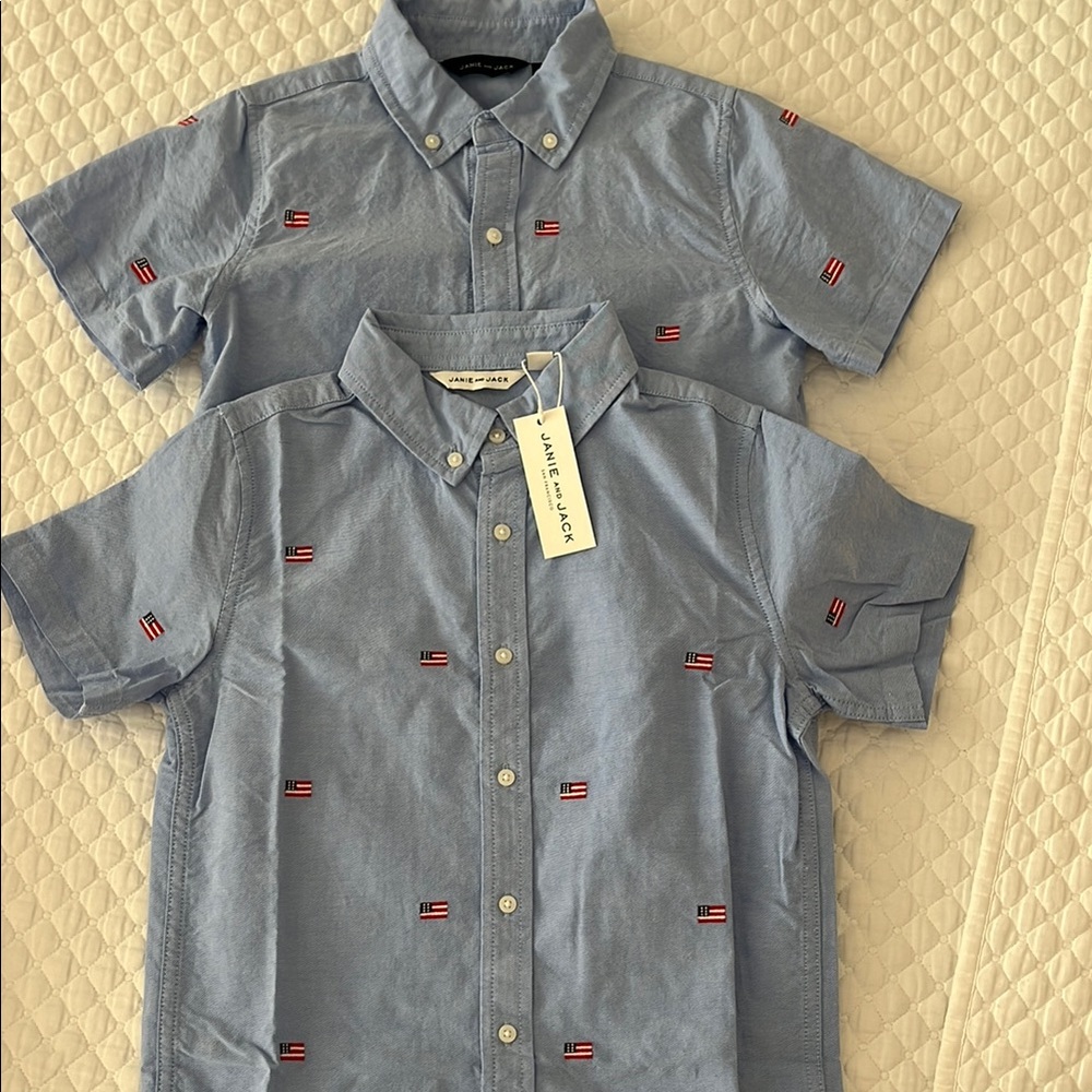 Boys size 8 & 10 NWT brother match embroidered flag button down Janie & Jack